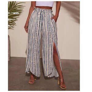 Hello Heart Blue Striped Wide Leg Side Slit Pants Size Medium